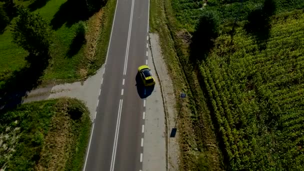 Pologne : Vue Aérienne D'une Voiture Commençant à Se Déplacer Le Long D'une Route Vide Entre Les Champs