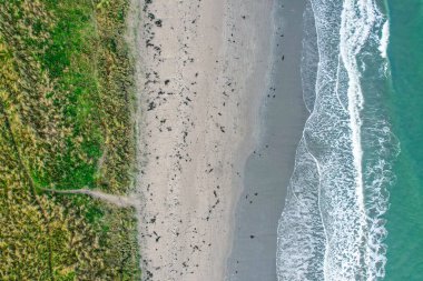 A serene top-down view of an Irish beach, showcasing gentle waves meeting the sandy shore and lush coastal grasslands clipart