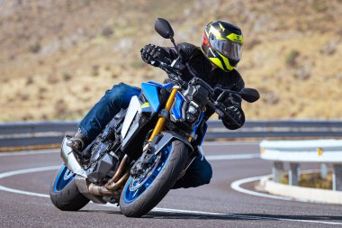 Motosiklet sürücüsü, arka planı doğa ve mavi gökyüzü olan ön planda bir viraj alıyor.