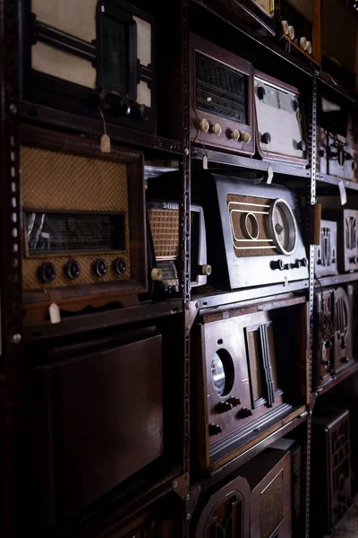 different old radio equipment in retro style and close-up