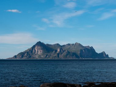 Mavi denizde mavi gökyüzü ve üzerinde bir kuş uçuşan bir ada.