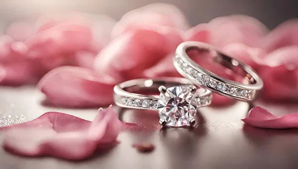 Pembe gül yapraklı bir masada elmaslı iki alyans.