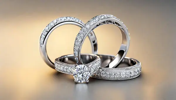 Parlak bir yüzeyde pırlantalı iki nikah yüzüğü.