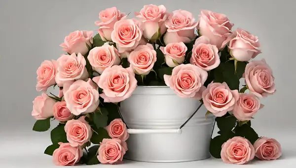 a bucket of pink roses with green leaves