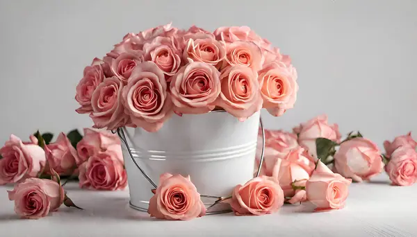 a bucket of pink roses on a table