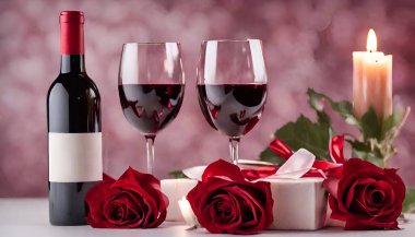 iki şarap kadehi ve bir şişe şarap ile bir gül