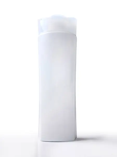 Gerçekçi beyaz plastik şampuan şişesi, saç kremi ya da kozmetik izole beyaz arka planda. Düşük açı.