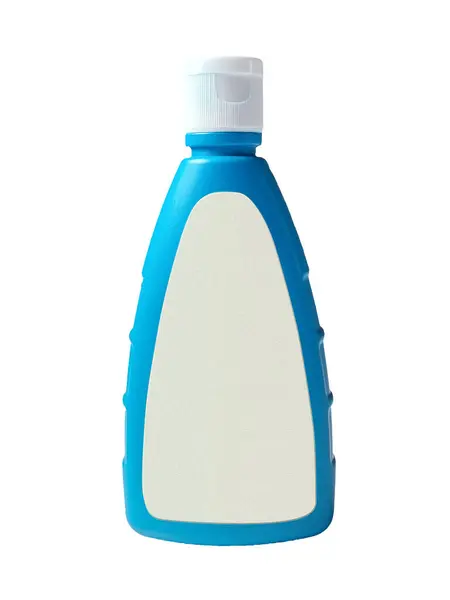 Üzerinde beyaz etiket olan, izole edilmiş beyaz arka planda çekilmiş, gerçekçi, mavi bir plastik şişenin yüksek kaliteli görüntüsü. Şişe göz hizasında gösteriliyor ve etiketi öne bakıyor..