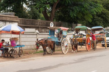 Mysore Karnataka Hindistan- 1 Eylül 2022 İkonik at arabaları yerli halk tarafından turistleri ve yerlileri Karnataka Hindistan 'da ve çevresinde taşımak için kullanılıyor.
