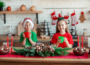 Erkek ve kız kardeş, küçük oğlan ve kız Noel kurabiyesi yiyor ve mutfakta Noel süslemelerinde içki içiyorlar. Kış tatili. Noel