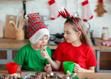 Erkek ve kız kardeş, küçük oğlan ve kız Noel kurabiyesi yiyor ve mutfakta Noel süslemelerinde içki içiyorlar. Kış tatili. Noel