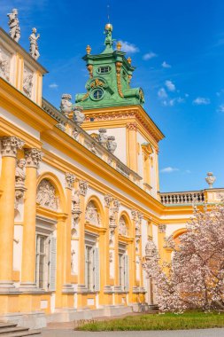 Warszawa, Polonya - 18 Nisan 2022: Polonya 'nın başkenti Varşova' daki Royal Wilanow Sarayı 'nın merkez cephesine odaklan. Parkta bahar, manolya çiçekleri