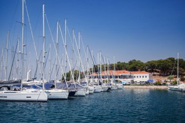 Sahil kasabası, tekneli marina ve açık mavi gökyüzü. Avrupa seyahati Hırvatistan, Rovinj, tatil konsepti. Geleneksel mimari demirlemiş teknelerin yer aldığı, sudan manzaralı pitoresk kıyı kasabası