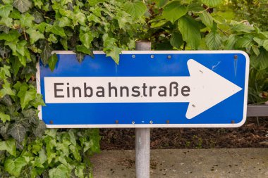 Alman işaretiyle imzalayın Einbahnstrae tek yönlü cadde bitkilere dönüştü