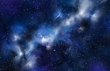 Mavi bulutlardaki galaksi, siyah arkaplan atmosferinin üzerinde yüzüyor.