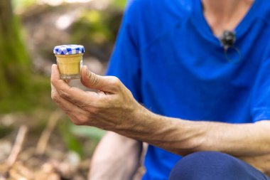 Bitkibilimci elinde bir kavanoz dolusu homeopatik ilaç tutuyor, ormanda oturuyor. Seçici odak