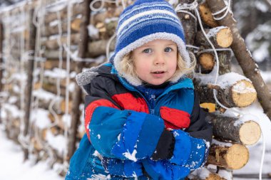 Mavi kışlık palto giyen genç bir çocuk ve mavi beyaz bir toka karda bir yığın kütüğün yanında duruyor. Seçici odak