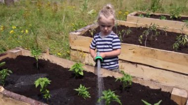 Genç bir çocuk bitkilerden oluşan bir yatağı yavaş çekimde suluyor, güneşli bir günde doğayla iletişim kuruyor. Seçici odak