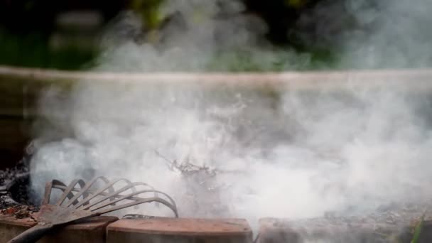 在花园里燃烧着的火苗的特写镜头 燃烧树叶产生的白烟使生物堆肥 — 图库视频影像