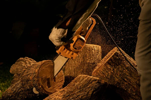 stock image electric chainsaws cut trees in the forest for building a house and making firewood The concept of deforestation