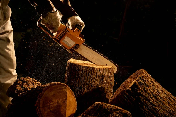 家を建て薪を作るために森の中の木を切り取る電動チェーンソー森林伐採の概念 — ストック写真