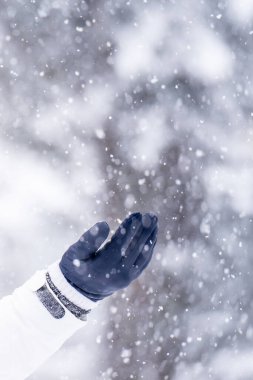 Blurred image of snowflake bokeh. Black gloves in snowflake bokeh, Flying snowflakes blowing snow in a frigid winter,  soft focus.