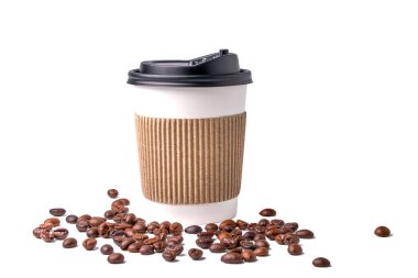 paper coffee mugs for disposable use on a white background, and coffee beans in the foreground     
