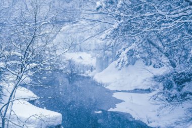 heavy snow  at the river in Heike No Sato Village in Tochigi Prefecture, Nikko City, JAPAN