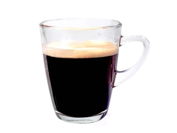 Krem Czarnej Kawy Przezroczystej Szklance Białym Tle Ostrość Selektywna Miękka — Zdjęcie stockowe