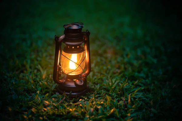 Antique Oil Lamp Grass Forest Evening Camping Atmosphere Travel Outdoor — 图库照片