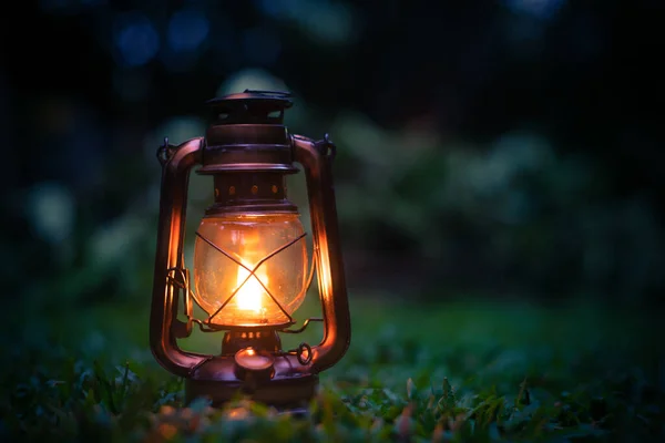 Antique Oil Lamp Grass Forest Evening Camping Atmosphere Travel Outdoor — Foto de Stock