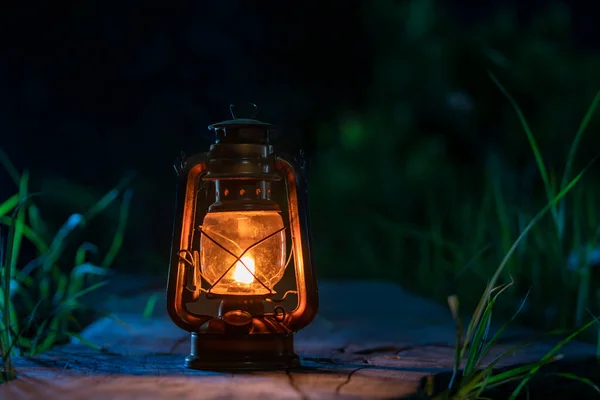 Antique Oil Lamp Old Wooden Floor Forest Night Camping Atmosphere Royalty Free Stock Photos