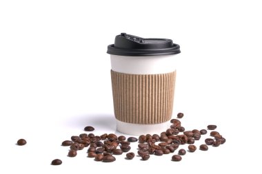 paper coffee mugs for disposable use on a white background, and coffee beans in the foreground     