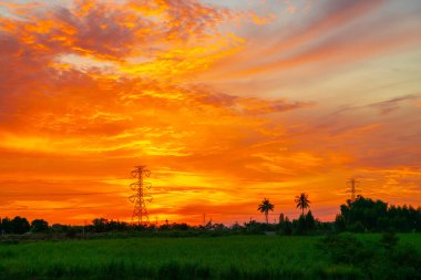 Tayland kırsal kesimlerinde yüksek voltaj direği portakal rengi güneş doğumu arka planı