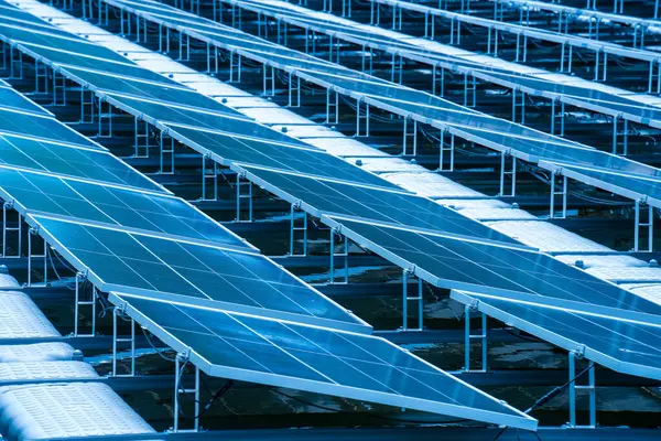 Gölde suyun üzerinde yüzen güneş panellerinin yan görünüşü, güneş ışığından elektrik üretmek, seçici odak, yumuşak odak.