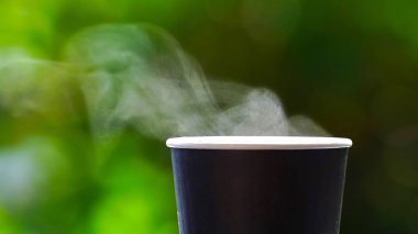 coffee takeaway in a paper cup on top of the car roof green tree background at sunrise in the morning,  selective focus, soft focus.