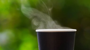 coffee takeaway in a paper cup on top of the car roof green tree background at sunrise in the morning,  selective focus, soft focus.