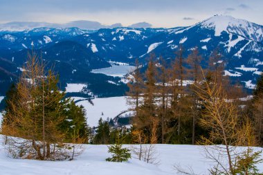 MARIAZELL AUSTRIA - 17 Şubat 2017, kayak ve snowboard sporu için Avusturya 'daki Brgeralpe Mariazell tatil beldesi, 11 km yamaçlara ve nakliye konuklarına 5 asansöre sahiptir..