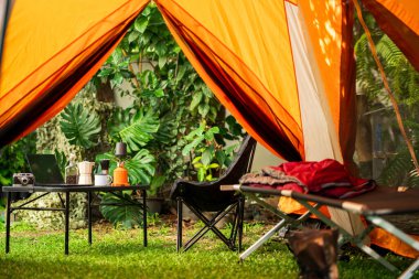 Çadırın içinden sabah ormanın içinde kamp çadırı kurmak için dinlenme ekipmanlarına bakmak, açık kahve yapma tesisleri olan kamp çadırları, hafif odaklanma...