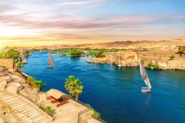 The Nile river and traditional feluccas in Aswan, Egypt, beautiful aerial view. clipart