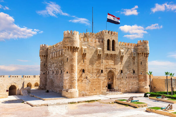 Qaitbay Citadel famous medieval fort built on the place of Lighthouse of Alexandria, Egypt.