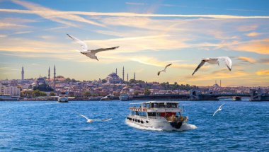 İstanbul 'un İstanbul kentinin önündeki martılar ve tekneler Türkiye' nin Boğaz kentine bakıyor.