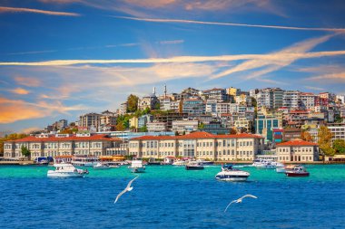 Cihangir Camii ve Boğaz kıyısındaki güzel evler, İstanbul, Türkiye.