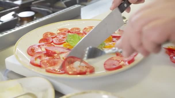 厨师慢动作地把切碎的西红柿放在盘子里 — 图库视频影像