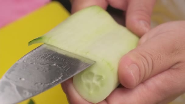 Cucumber Being Cut Chef Closeup — Stock Video