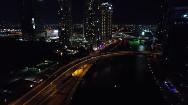 Drone Vlucht Dubai Verlicht Nachts Luchtzicht — Stockvideo