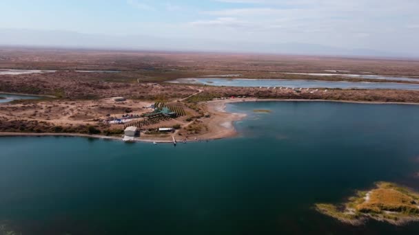 Lot Dronem Nad Wioską Nad Jeziorem Aydarkul Słoneczny Letni Dzień — Wideo stockowe