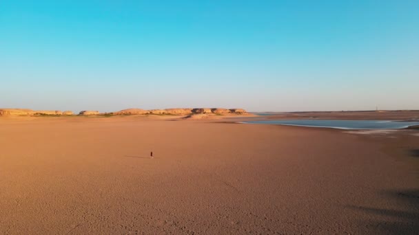 薄い赤いドレスを着た若い女性が乾燥した大地を湖の岸に向かって歩いている 空中風景 — ストック動画