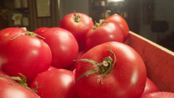 新鮮な赤いトマトとプレートのクローズアップ スローモーション — ストック動画