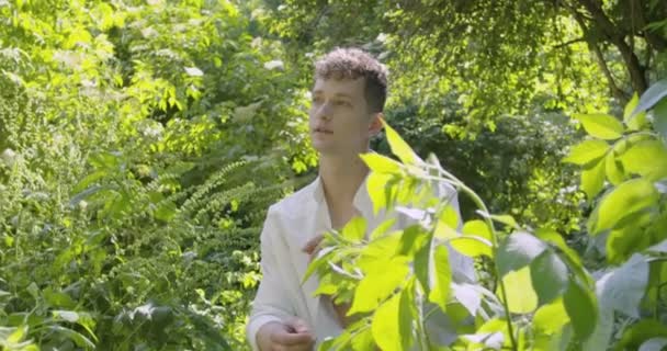 Young Man Open White Shirt Stands Garden Green Leaves Flowering — Wideo stockowe